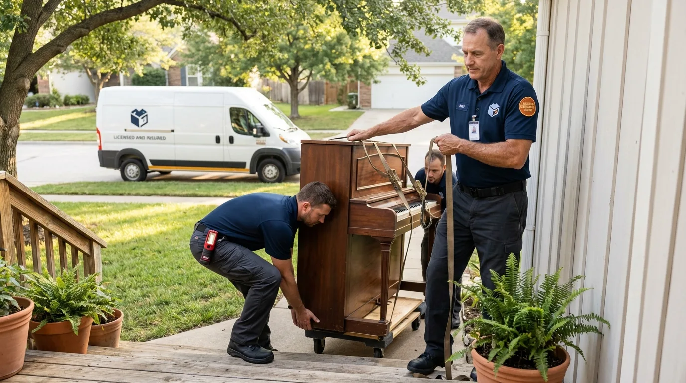 Licensed piano movers securing grand piano in Temple, PA